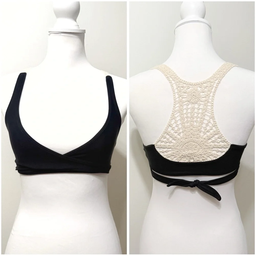 L*space cream open knit crochet racerback black wrap around bikini top